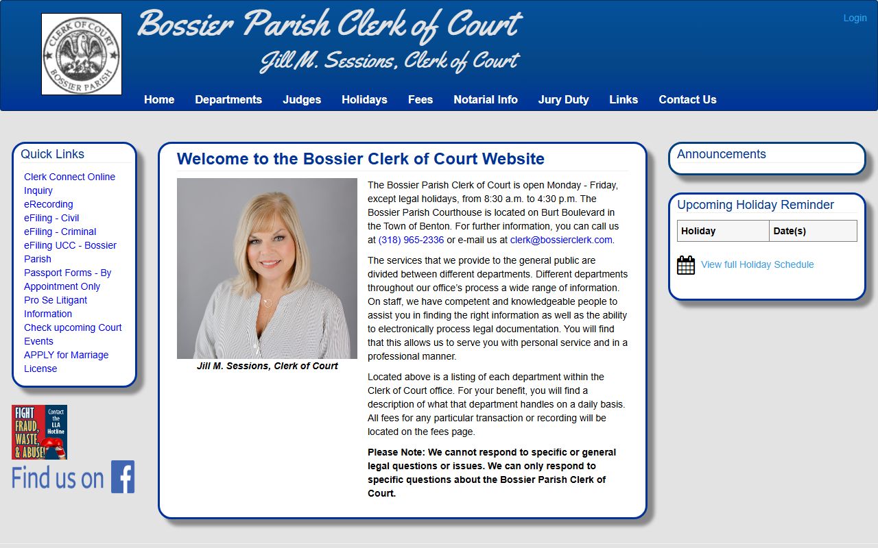 Bossier Parish Clerk of Court website for Bossier City death index records