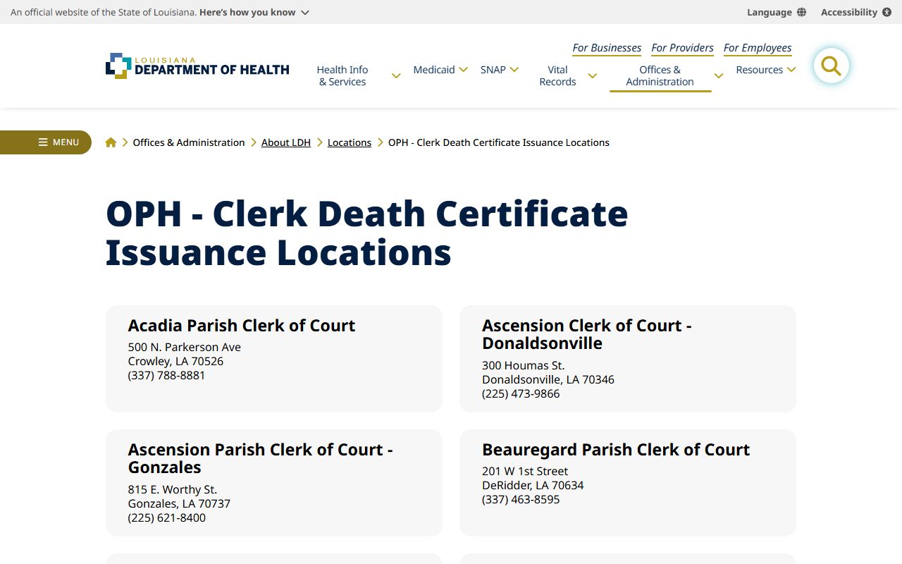 Louisiana Department of Health vital records page for Acadia Parish death index