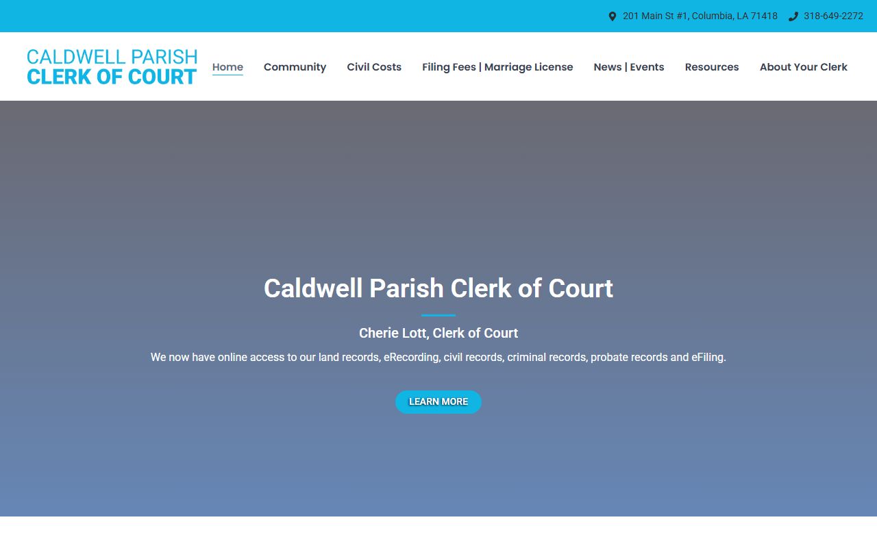 Caldwell Parish Clerk of Court website for death index and probate records in Columbia