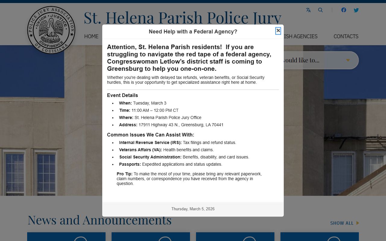 St. Helena Parish government website for death index and local records in Greensburg Louisiana