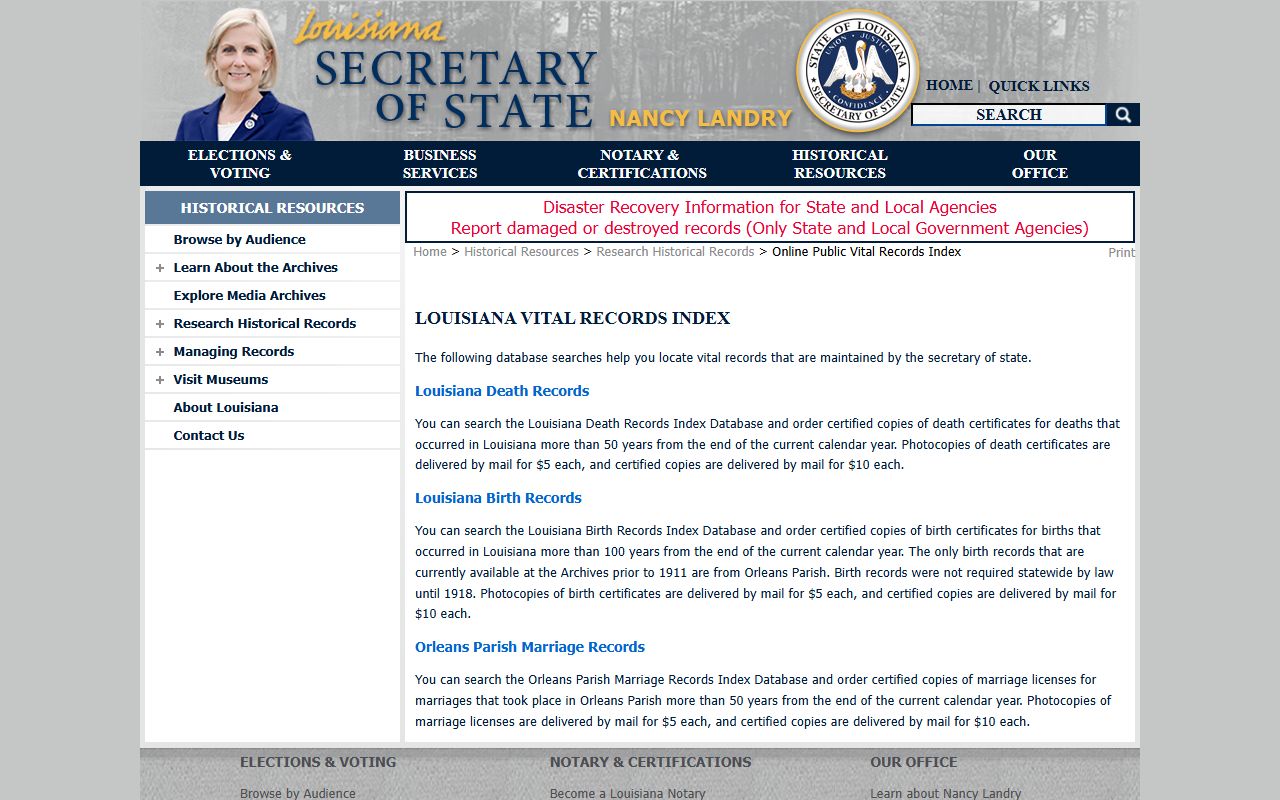 Louisiana Online Public Vital Records Index database for death records search