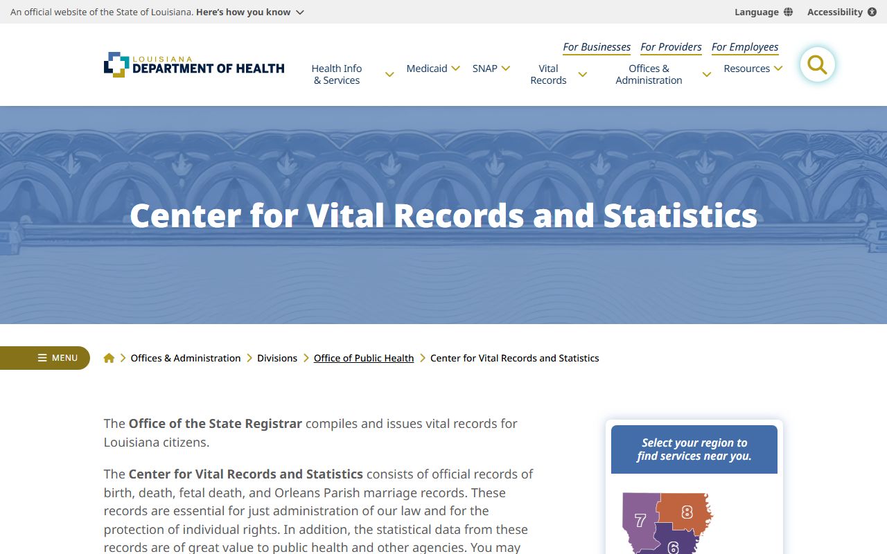 Louisiana Department of Health Vital Records portal for death index records