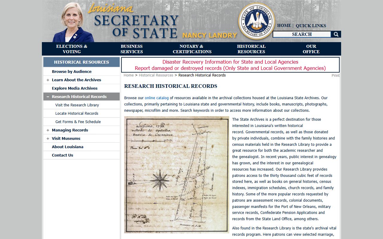 Louisiana State Archives historical records page for death index research
