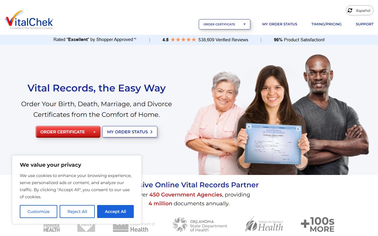 VitalChek third-party ordering portal for Louisiana death index certificates